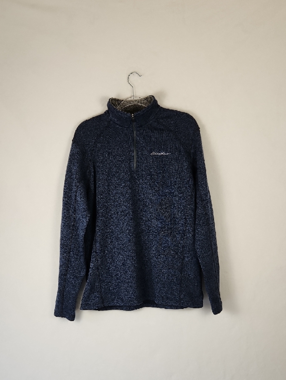 Eddie Bauer Men's L Quarter Zip Pullover Heather Navy Blue with Gray Collar - Picture 7 of 16